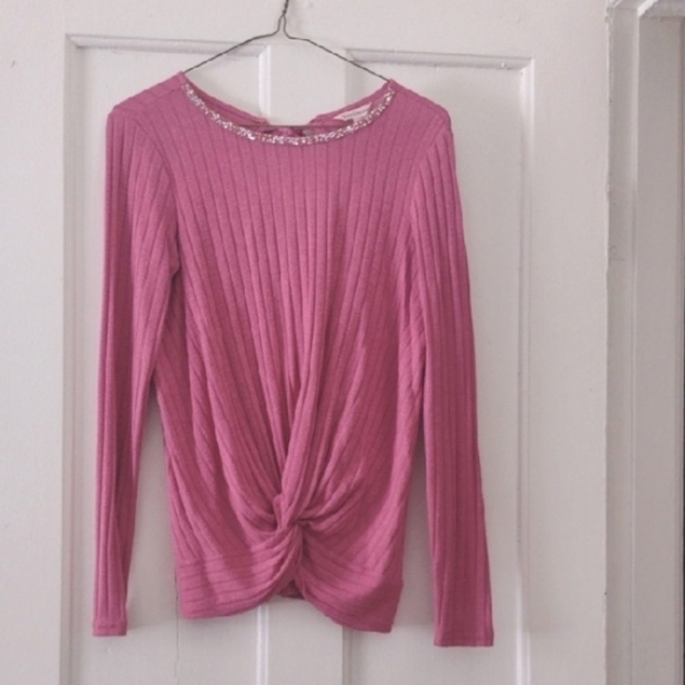 JUICY COUTURE LIGHT PINK RIBBED RHINESTONE COLLAR LONG SLEEVE JERSEY SIZE XS